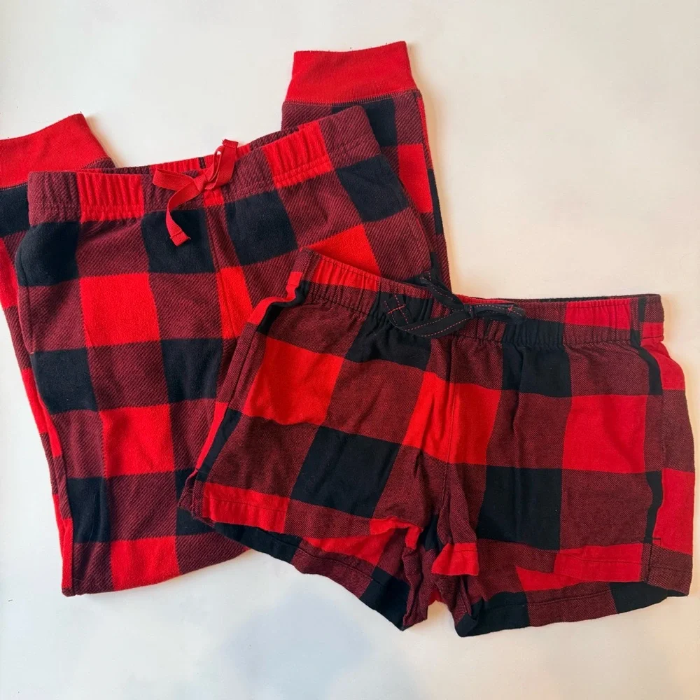 Old Navy BUNDLE Red Buffalo Check Flannel Jogger Pants Girls L & Shorts Womens S